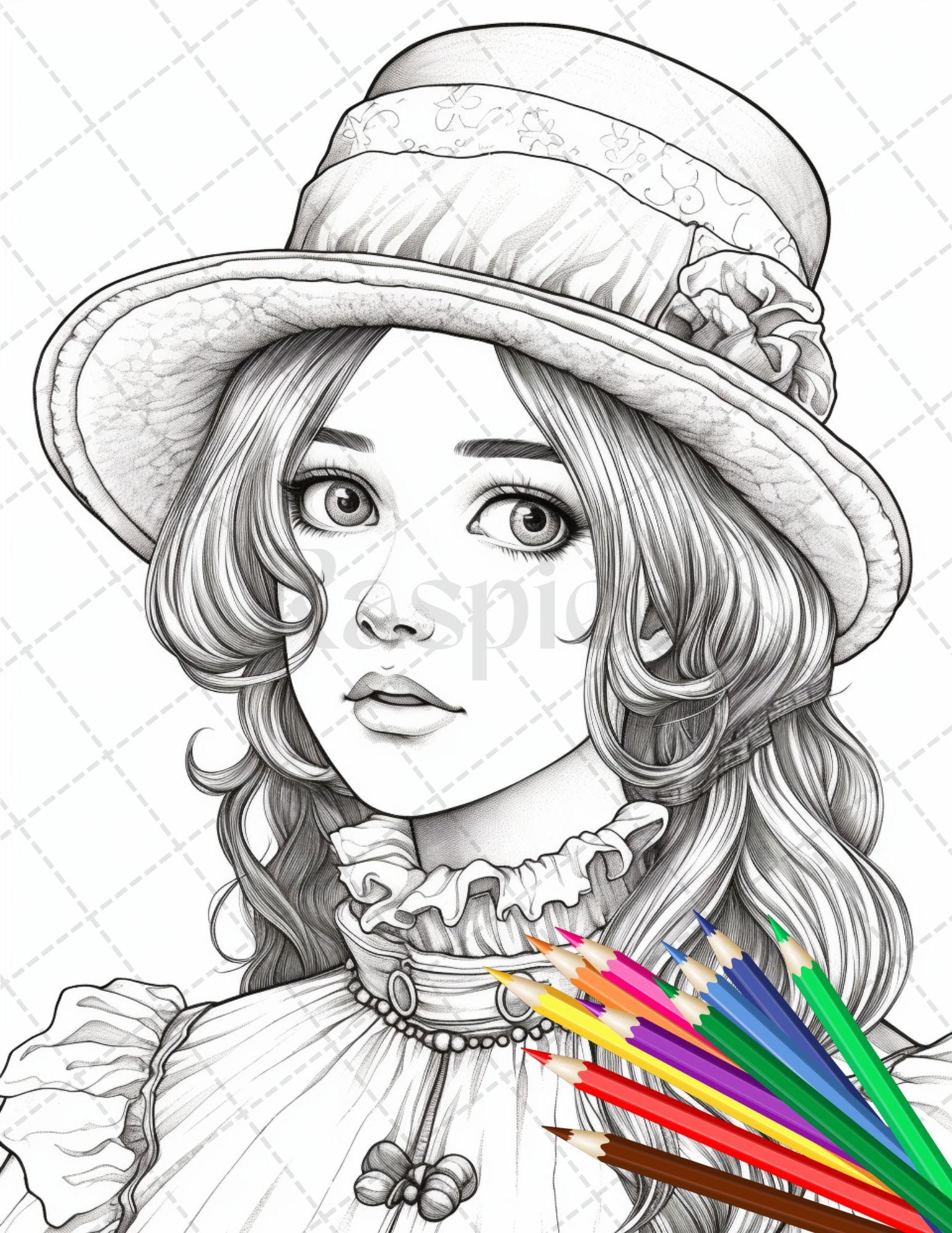 36 Beautiful Victorian Girls Coloring Pages Printable for Adults, Grayscale Coloring Page, PDF File Instant Download