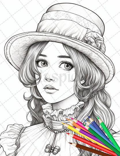 36 Beautiful Victorian Girls Coloring Pages Printable for Adults, Grayscale Coloring Page, PDF File Instant Download