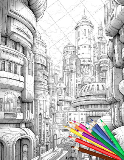 50 Futuristic Metropolis Grayscale Coloring Pages Printable for Adults, PDF File Instant Download