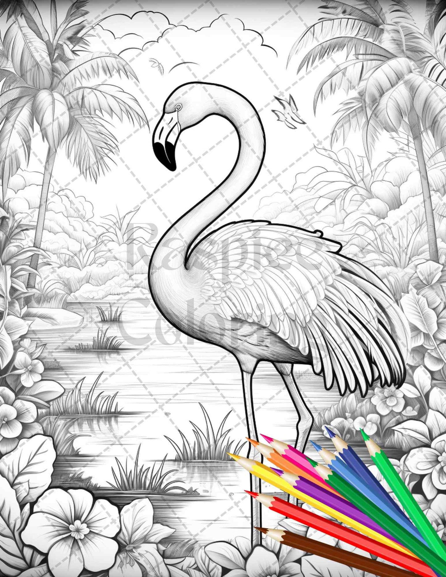 Flamingo Oasis Grayscale Coloring Pages Printable for Adults, PDF File Instant Download