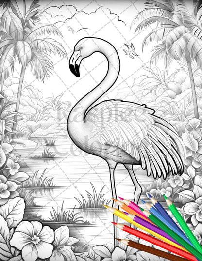 Flamingo Oasis Grayscale Coloring Pages Printable for Adults, PDF File Instant Download