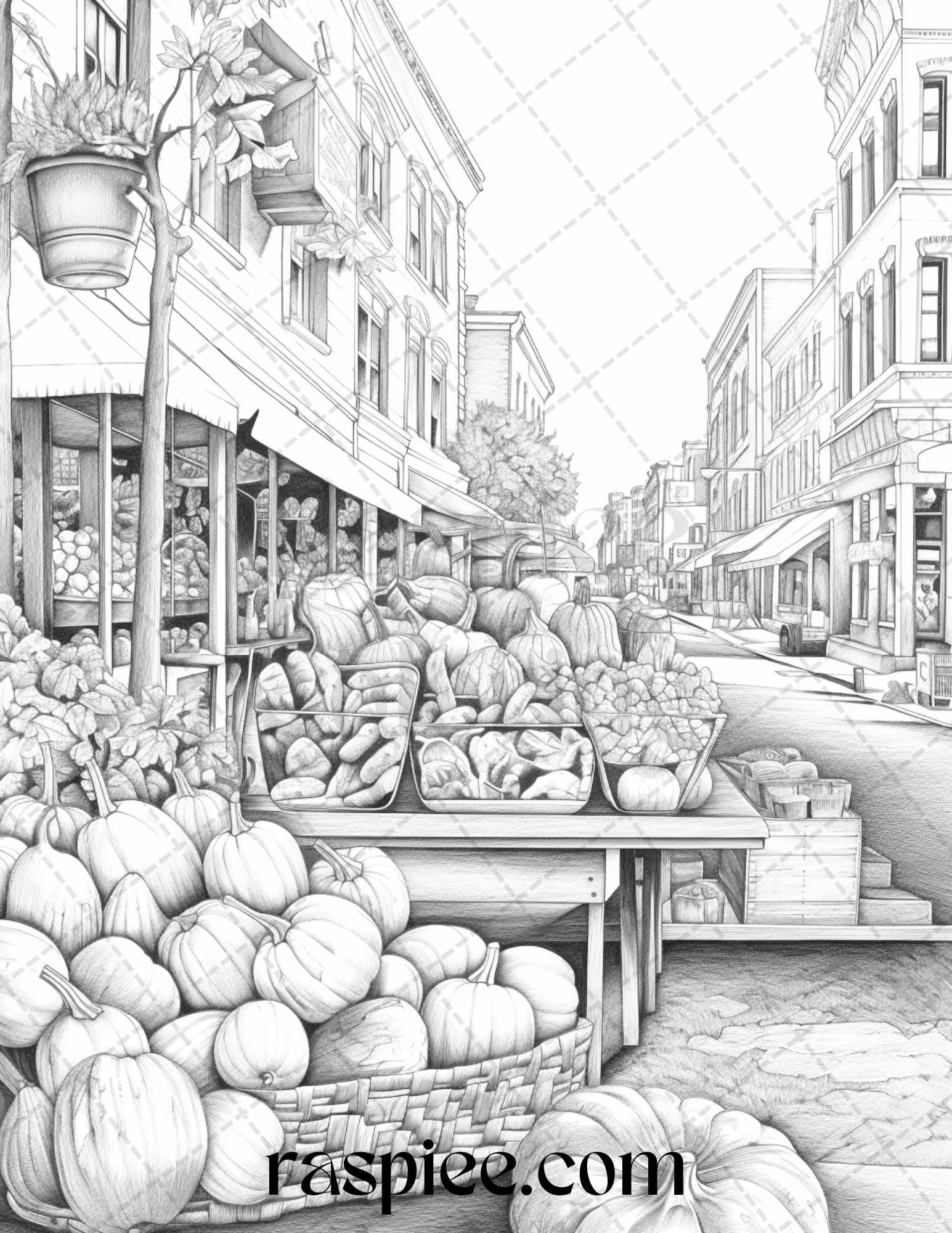 Autumn Street Markets Grayscale Coloring Pages for Adults, Printable PDF File Instant Download