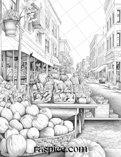 Autumn Street Markets Grayscale Coloring Pages for Adults, Printable PDF File Instant Download