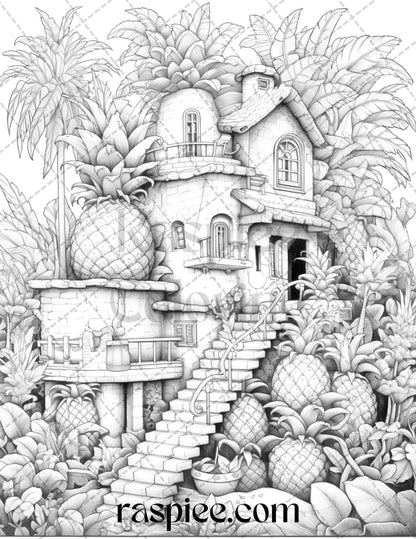 50 Pineapple Houses Grayscale Coloring Pages Printable for Adults, PDF File Instant Download