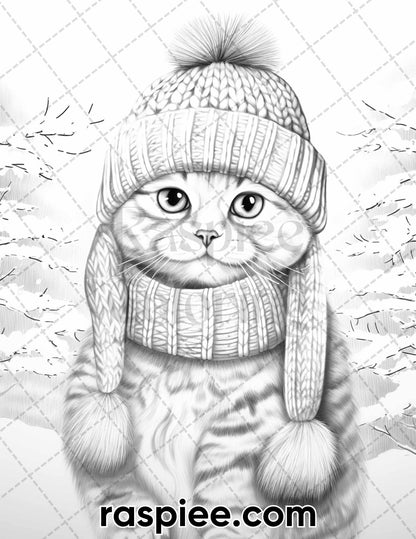 40 Christmas Cats Grayscale Coloring Pages for Adults, Printable PDF Instant Download