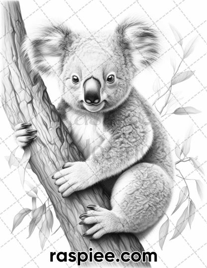 55 Wild Animals Grayscale Coloring Pages for Adults, Printable PDF Instant Download