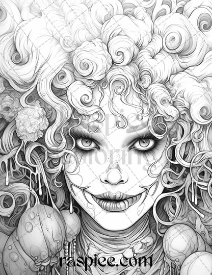 50 Scary Clown Girls Grayscale Coloring Pages Printable for Adults, PDF File Instant Download