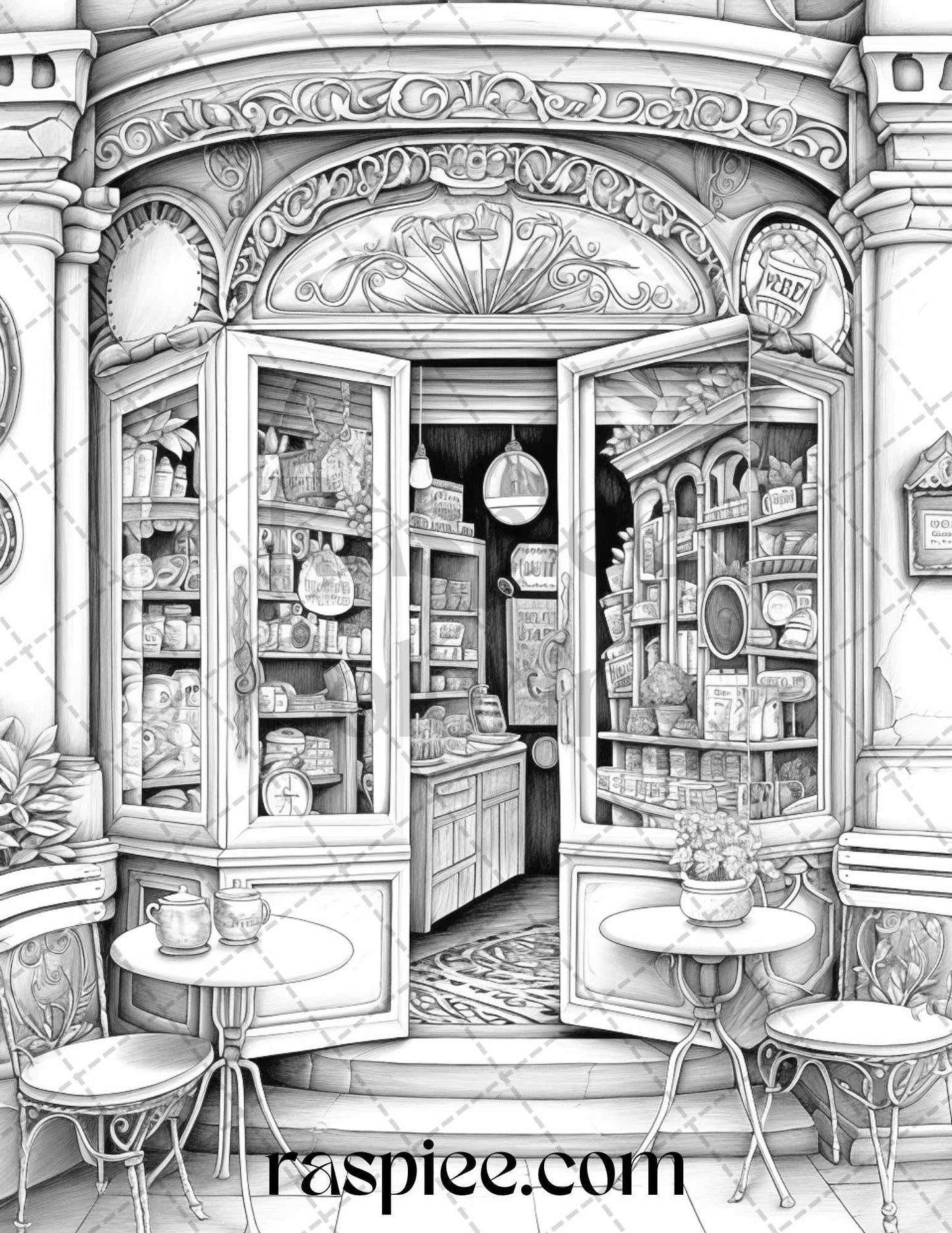 50 Cozy Coffee Shop Grayscale Coloring Pages Printable for Adults, PDF File Instant Download