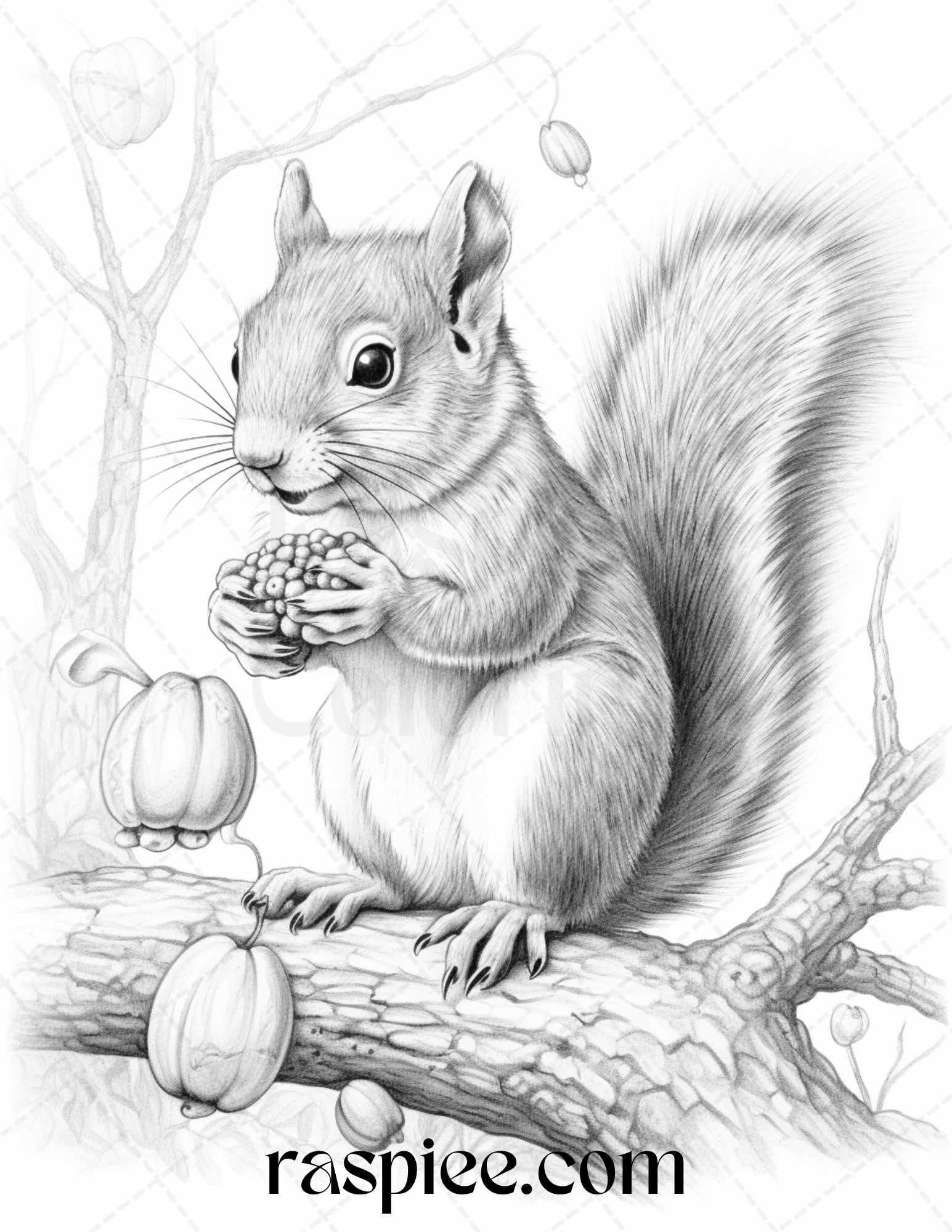 52 Adorable Squirrels Grayscale Coloring Pages Printable for Adults Kids, PDF File Instant Download