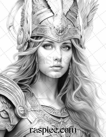 Greek Women Warriors Grayscale Coloring Pages for Adults, Printable PDF File Instant Download