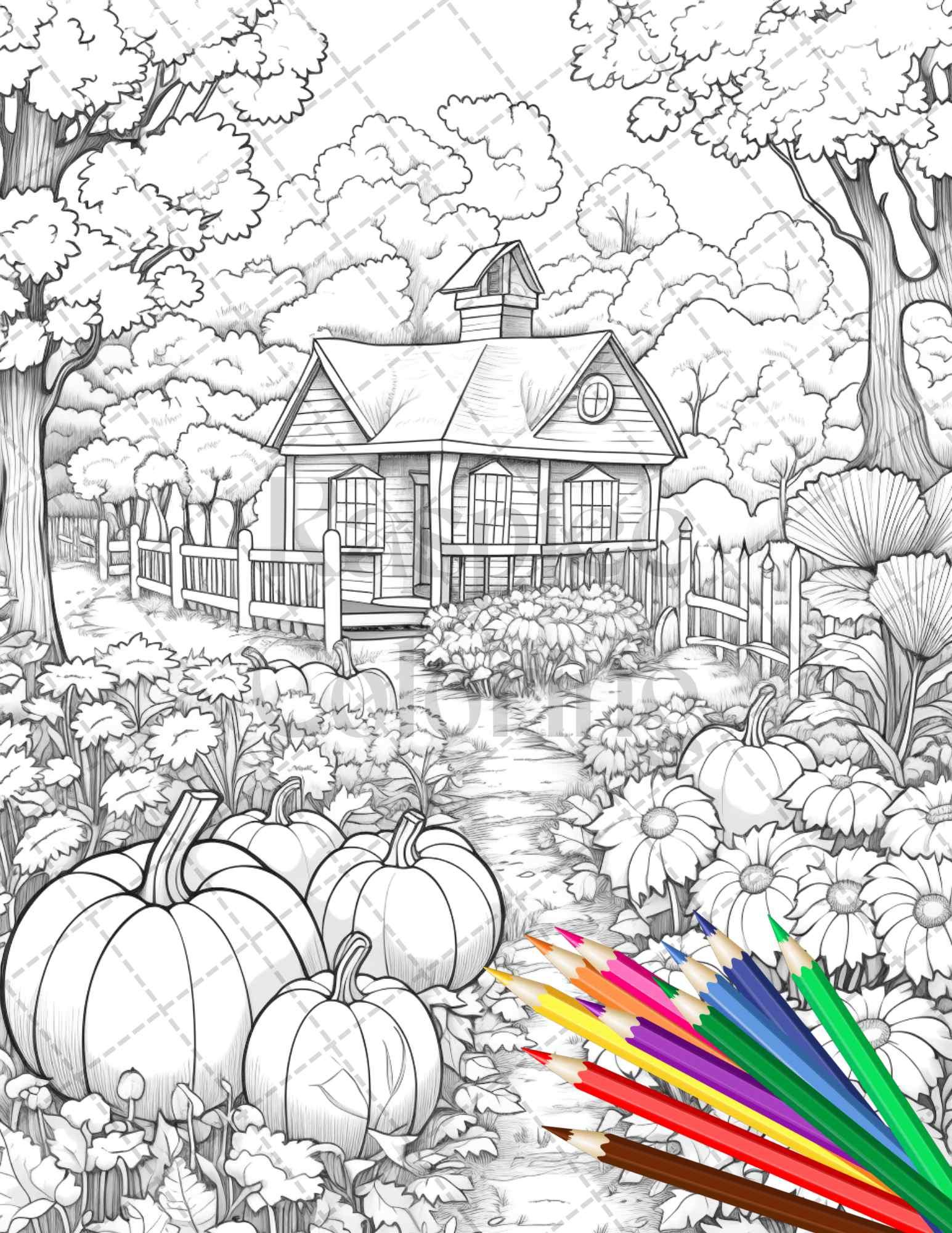 Pumpkin Garden Scenery Grayscale Coloring Pages Printable for Adults, PDF File Instant Download