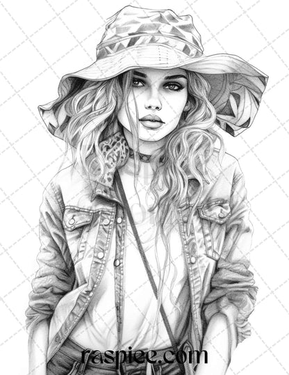 50 Streetwear Fashion Grayscale Coloring Pages Printable for Adults, PDF File Instant Download