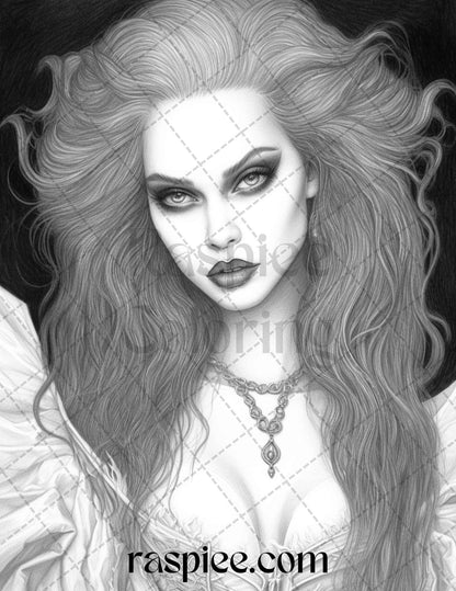 Bewitching Vampires Grayscale Coloring Pages Printable for Adults, PDF File Instant Download
