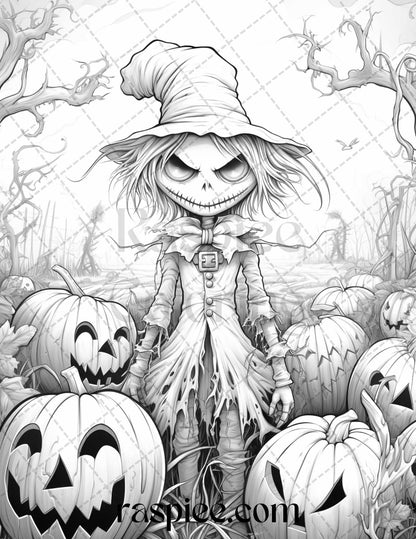 50 Halloween Scarecrows Grayscale Coloring Pages Printable for Adults, PDF File Instant Download