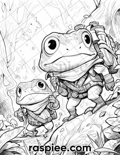 50 The Frog Kingdom Grayscale Coloring Pages for Adults, Printable PDF Instant Download