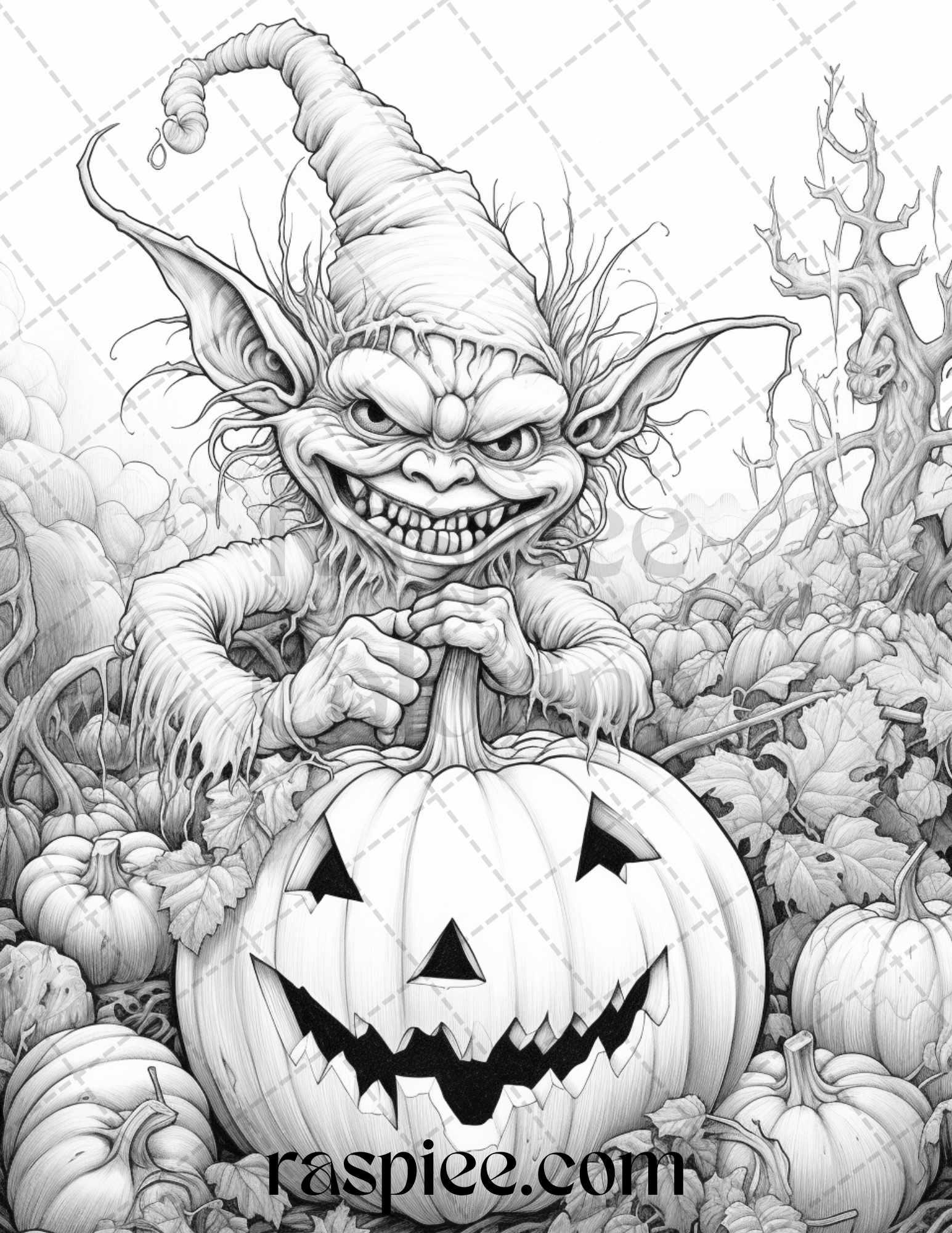 50 Halloween Goblin Grayscale Coloring Pages Printable for Adults, PDF File Instant Download
