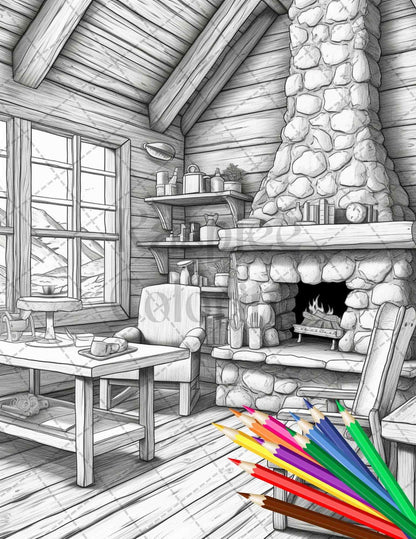 Cozy Cabin Interior Grayscale Coloring Pages Printable for Adults, PDF File Instant Download