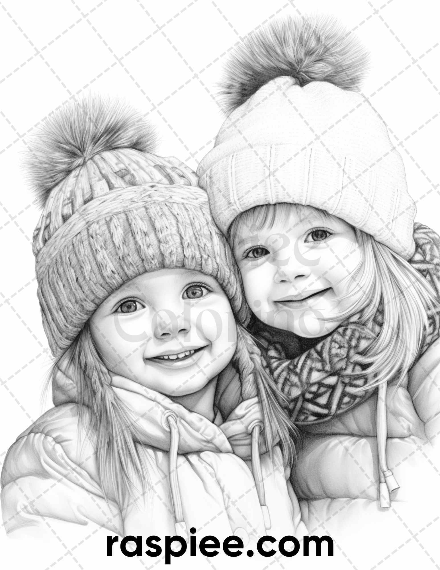50 Baby Winter Portrait Grayscale Coloring Pages Printable for Adults, PDF File Instant Download