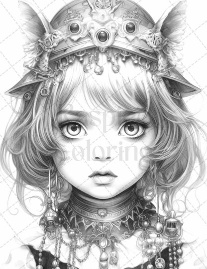 60 Adorable Gothic Girls Grayscale Coloring Pages Printable for Adults, PDF File Instant Download