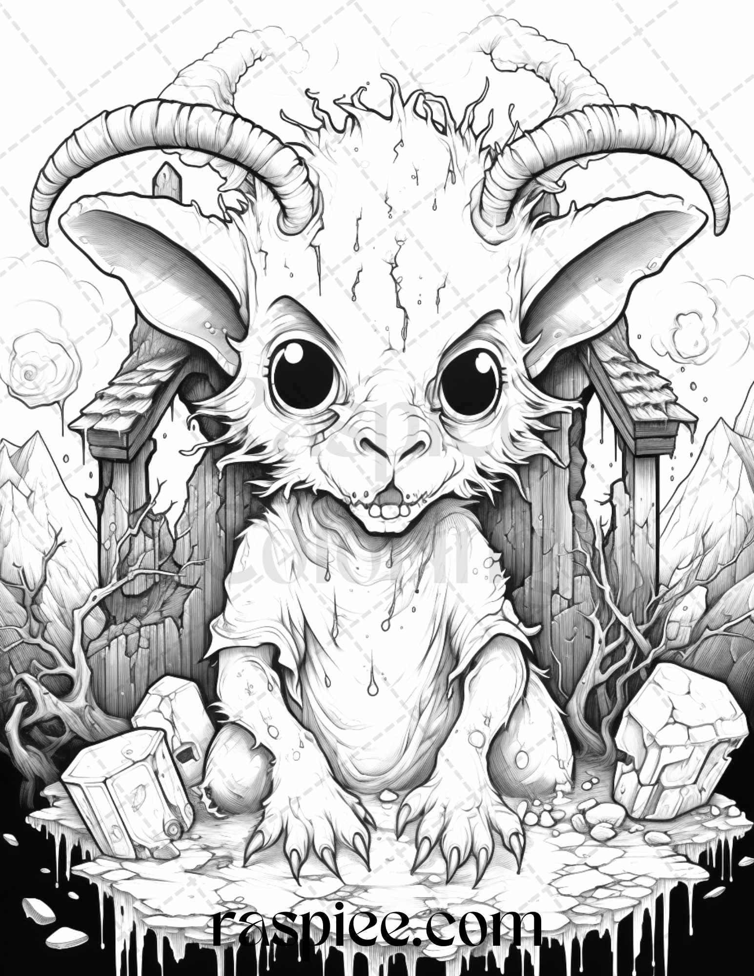 50 Halloween Scary Animals Grayscale Coloring Pages Printable for Adults, PDF File Instant Download