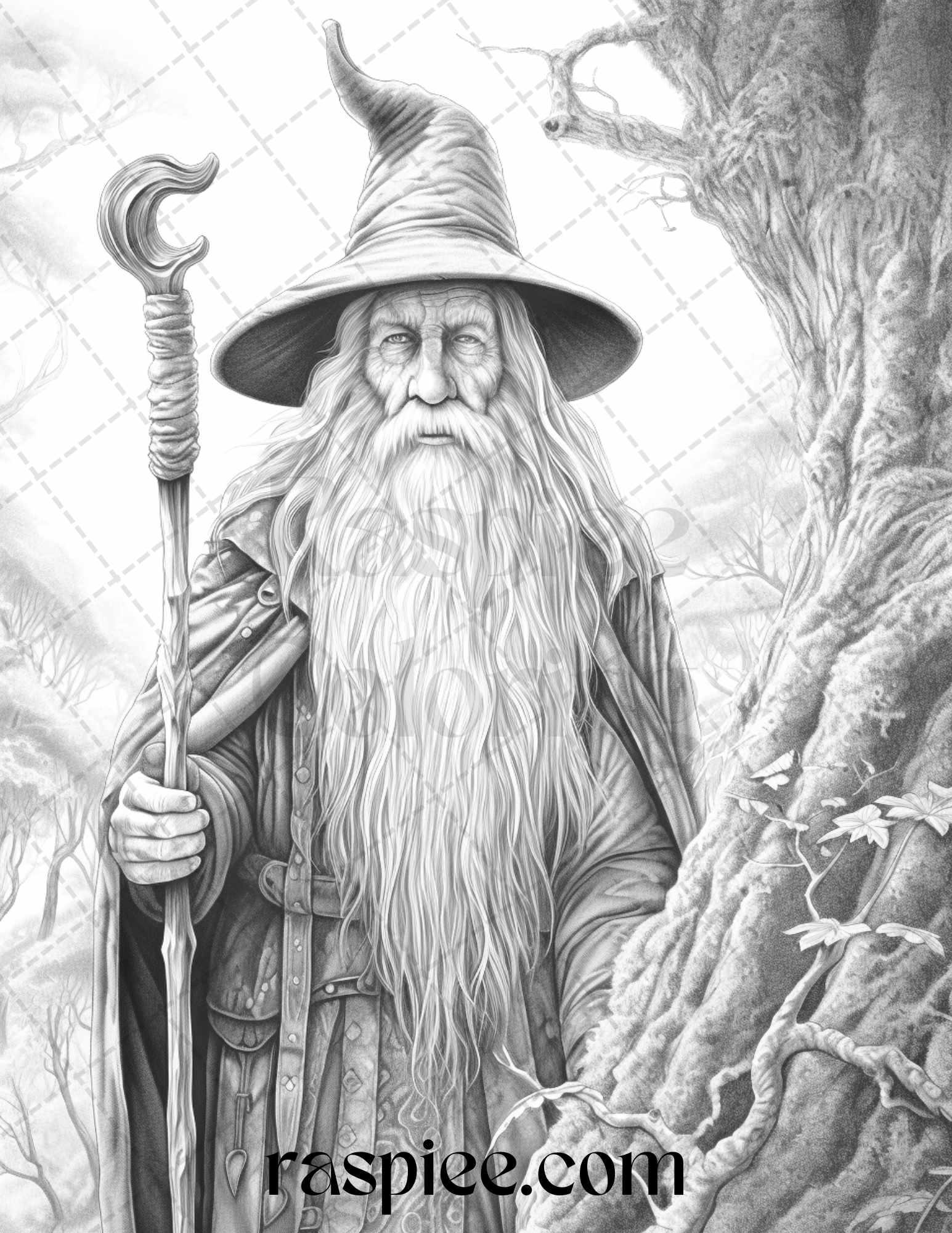 50 Magical Wizard Grayscale Coloring Pages for Adults, Printable PDF File Instant Download
