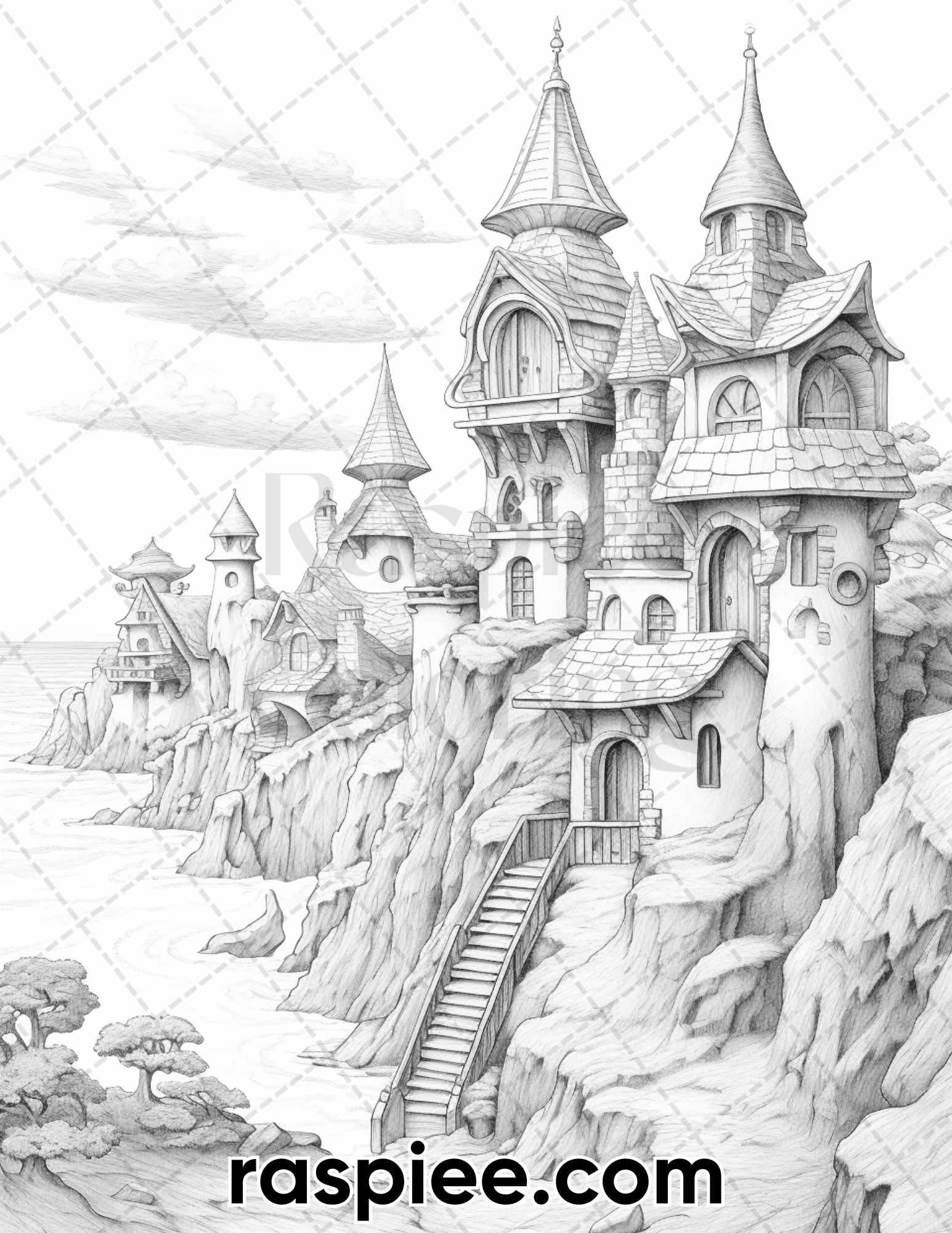 50 Fairy Beach Houses Grayscale Coloring Pages for Adults, Printable PDF Instant Download