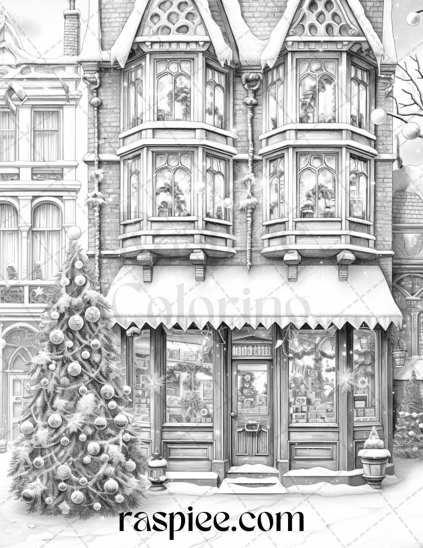 Christmas Store Front Grayscale Coloring Pages for Adults, PDF Printable Instant Download