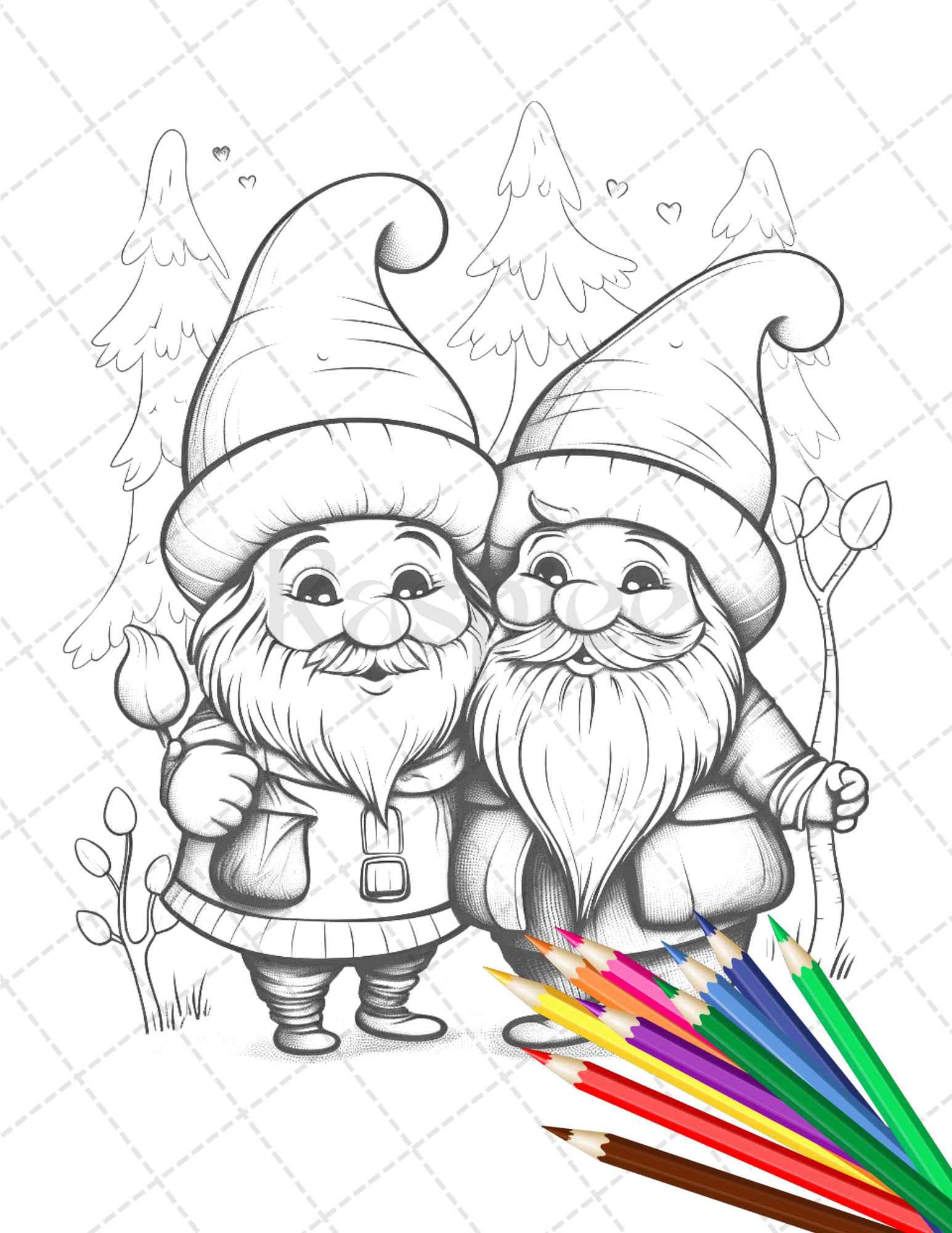 33 Gnome Love Coloring Pages Printable for Adults, Grayscale Coloring Page, PDF File Instant Download