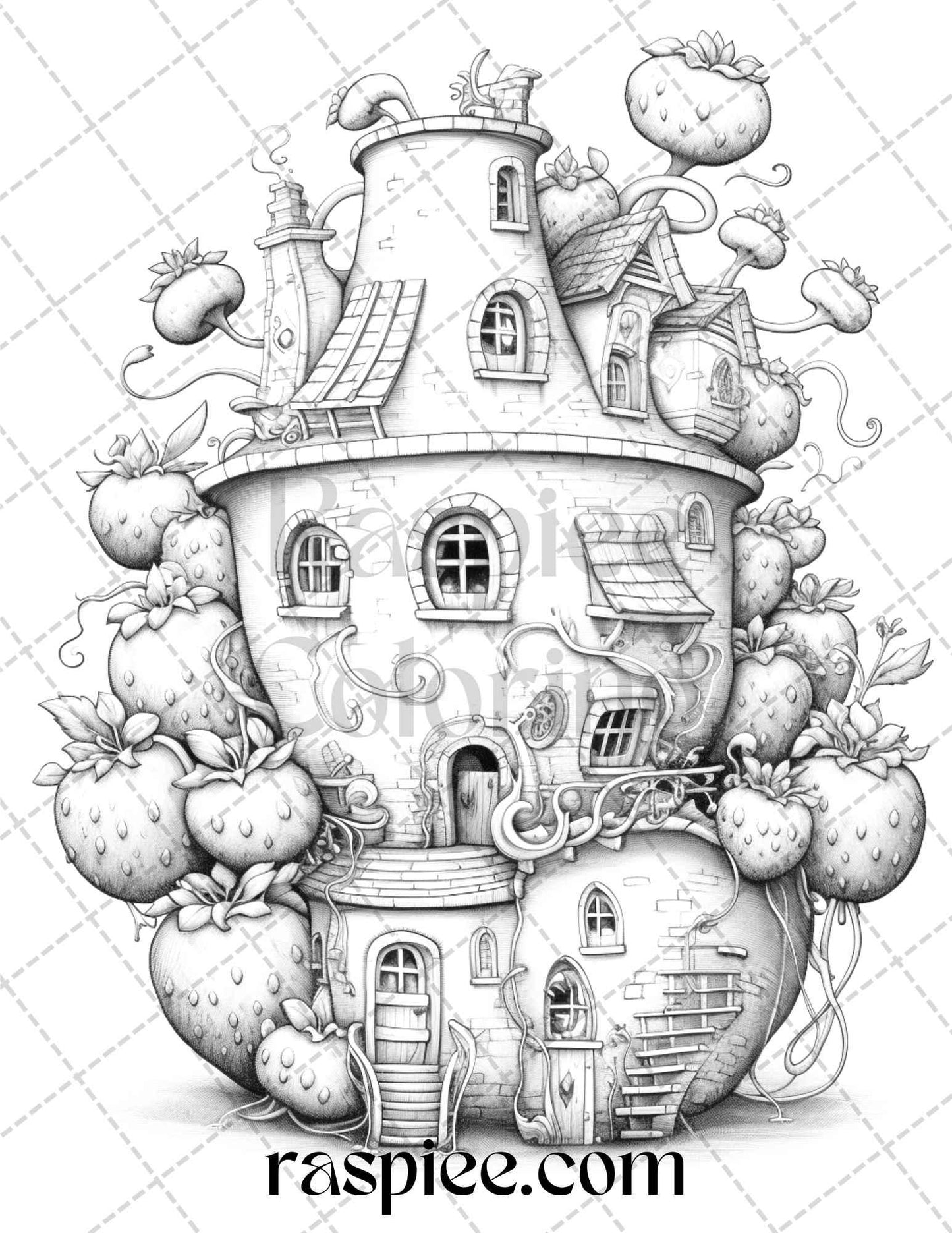 50 Strawberry Houses Grayscale Coloring Pages Printable for Adults Kids, PDF File Instant Download