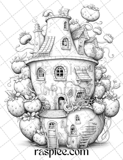 50 Strawberry Houses Grayscale Coloring Pages Printable for Adults Kids, PDF File Instant Download