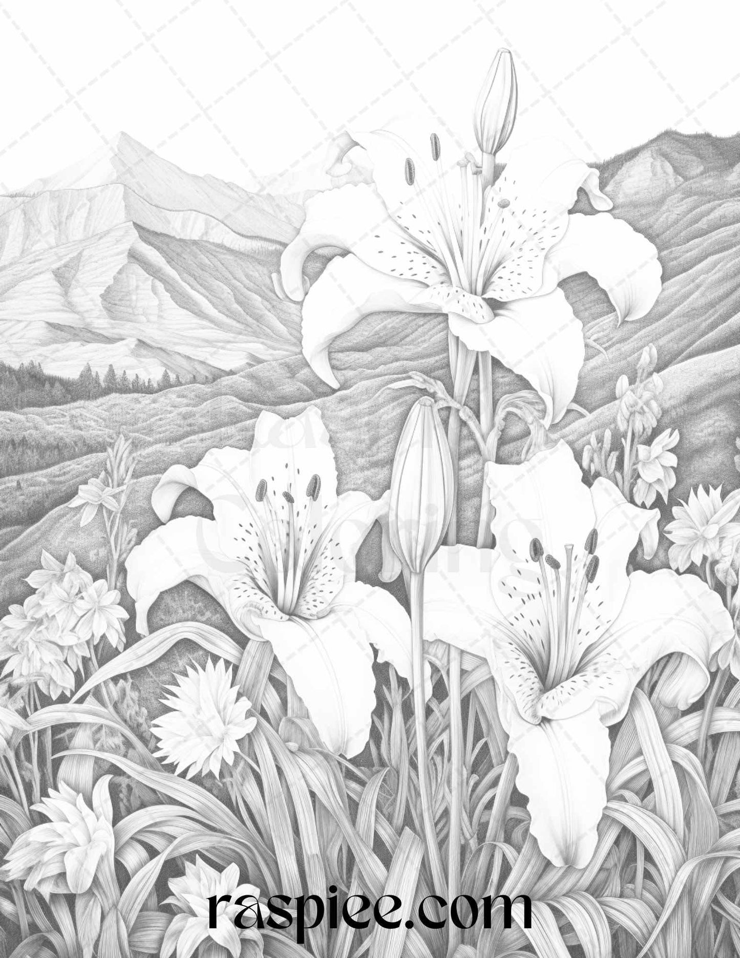 60 Mountain Flower Landscapes Grayscale Coloring Pages Printable for Adults, PDF File Instant Download