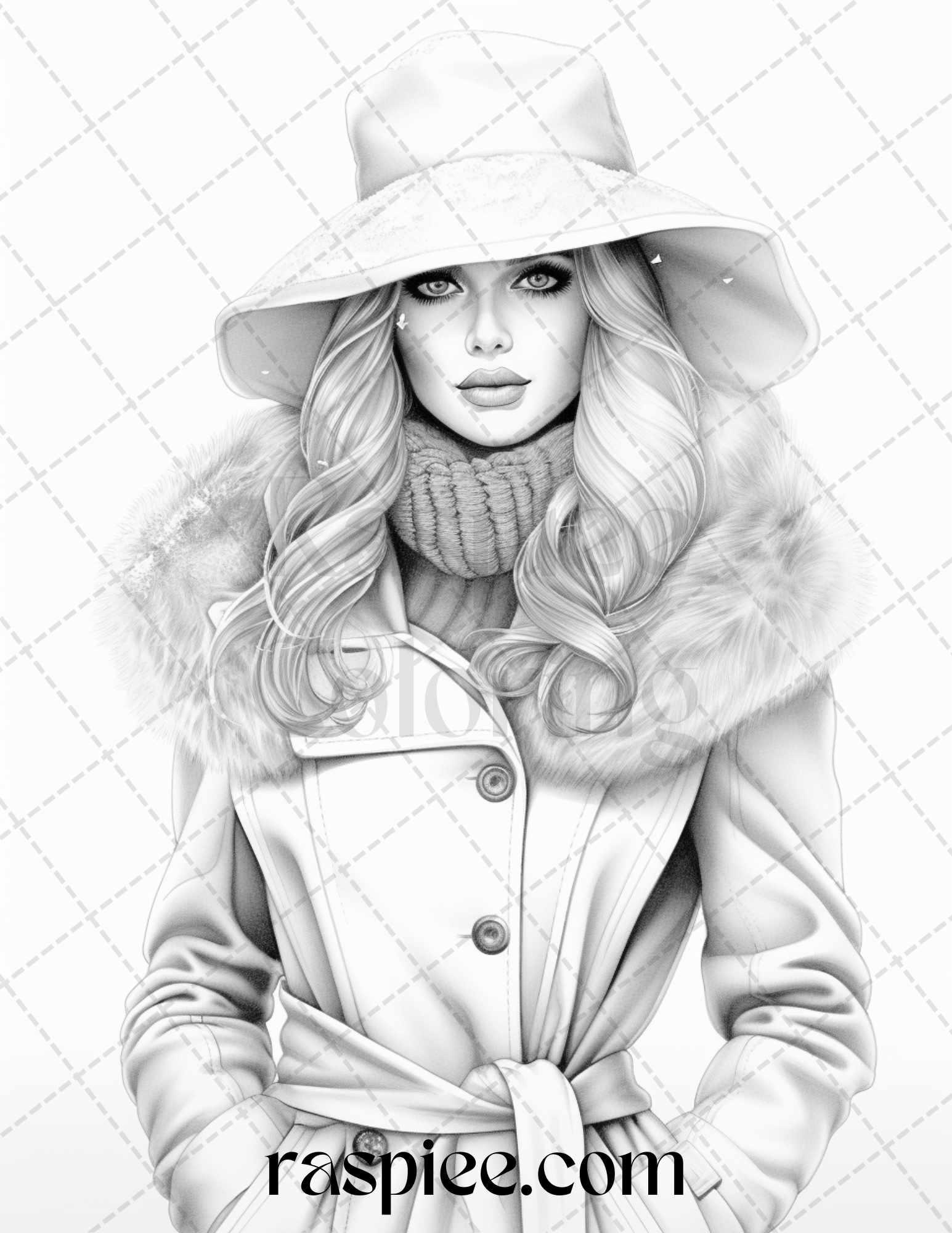 40 Winter Fashion Grayscale Coloring Pages Printable for Adults, PDF File Instant Download