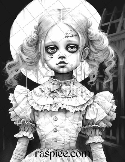 50 Scary Victorian Dolls Grayscale Coloring Pages Printable for Adults, PDF File Instant Download