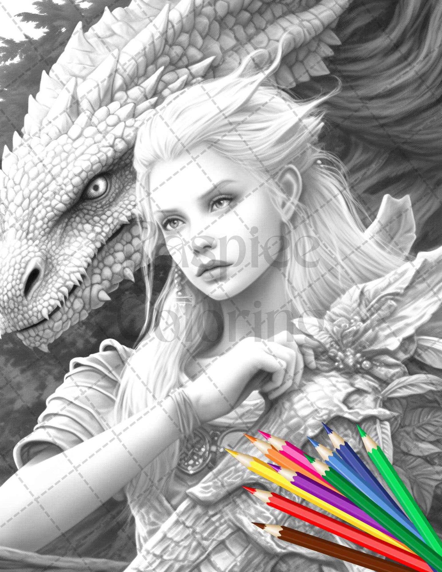 Enchanted Dragon Queens Grayscale Coloring Pages Printable for Adults, PDF File Instant Download