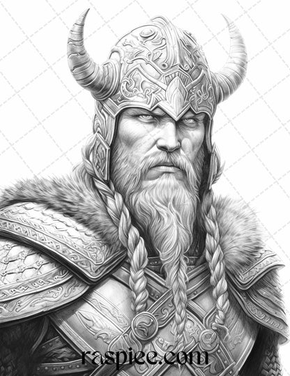 55 Viking Warriors Portrait Grayscale Coloring Pages Printable for Adults, PDF File Instant Download