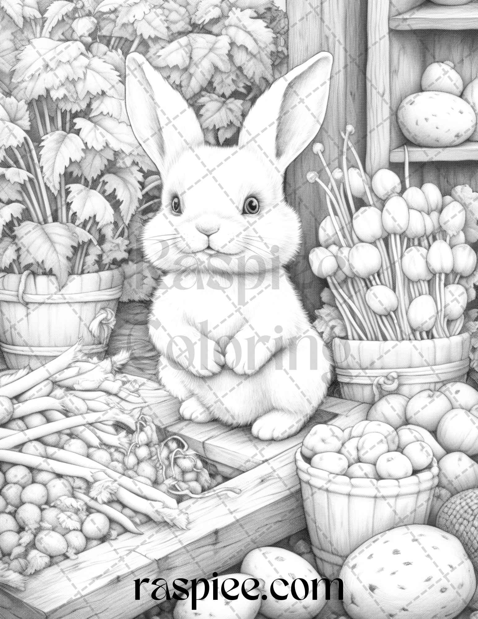50 Rabbit Garden Grayscale Coloring Pages Printable for Adults, PDF File Instant Download