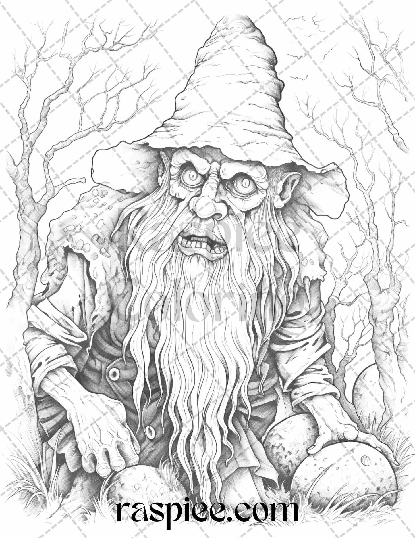 50 Horror Zombie Gnomes Grayscale Coloring Pages Printable for Adults, PDF File Instant Download