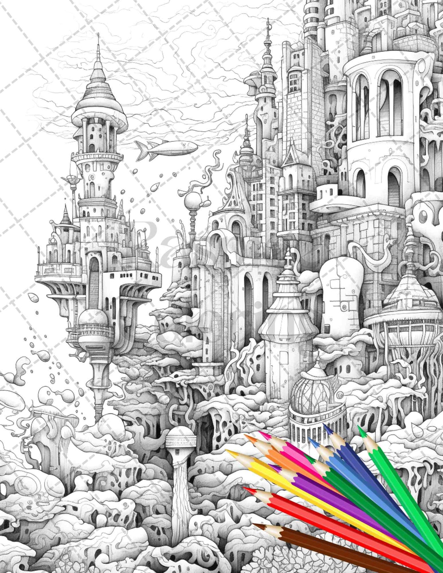 Enchanted Underwater City Grayscale Coloring Pages Printable for Adults, PDF File Instant Download