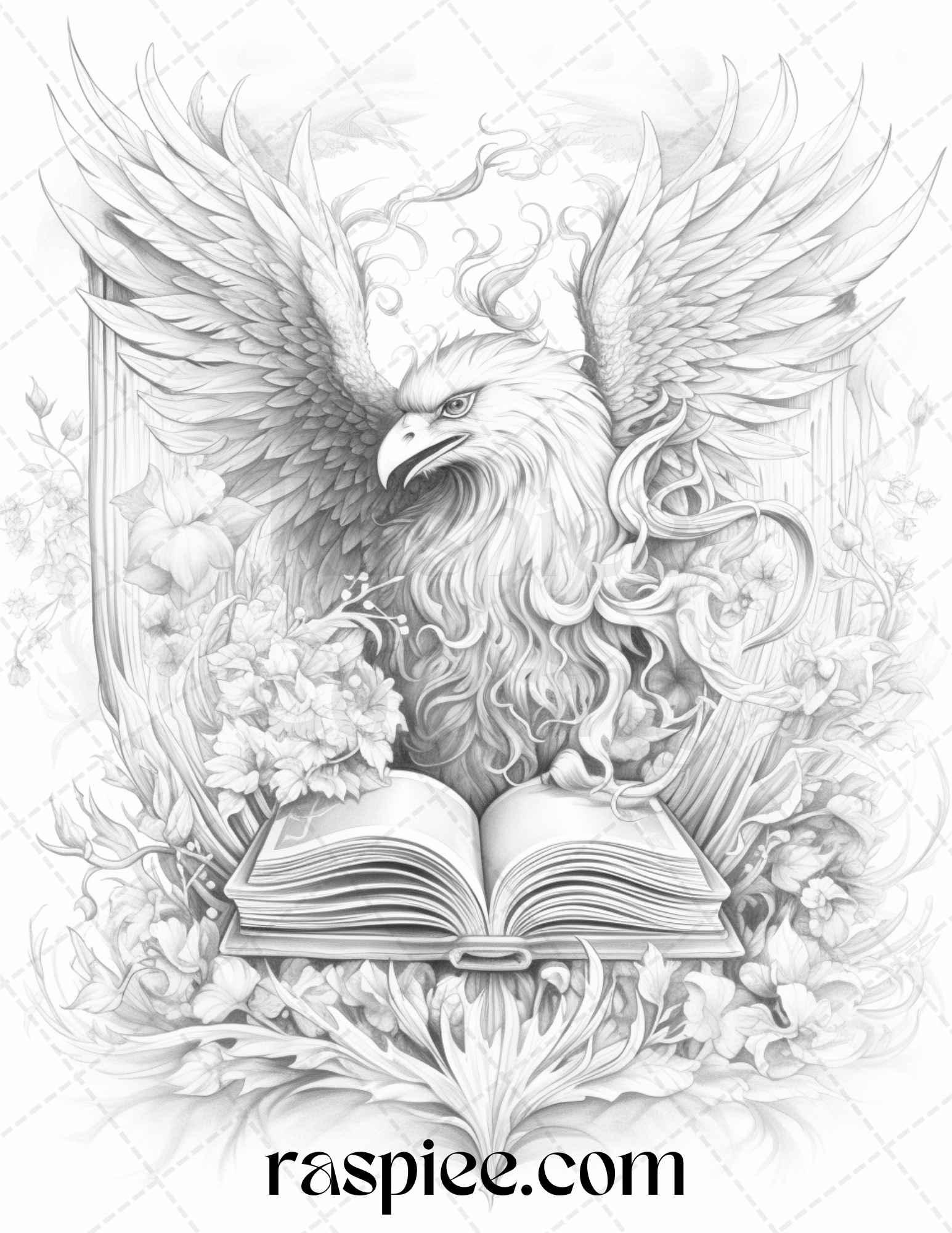 50 Magical Books Grayscale Coloring Pages Printable for Adults, PDF File Instant Download