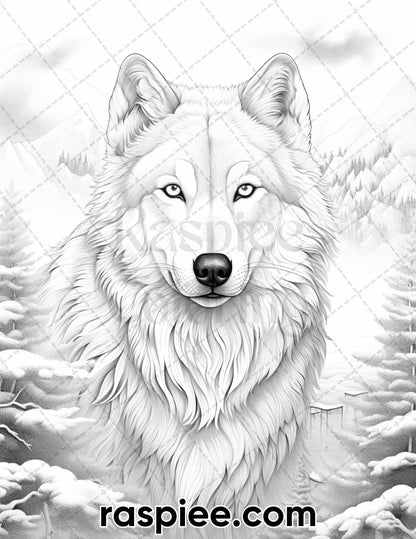 50 Winter Wolf Grayscale Coloring Pages for Adults, Printable PDF Instant Download