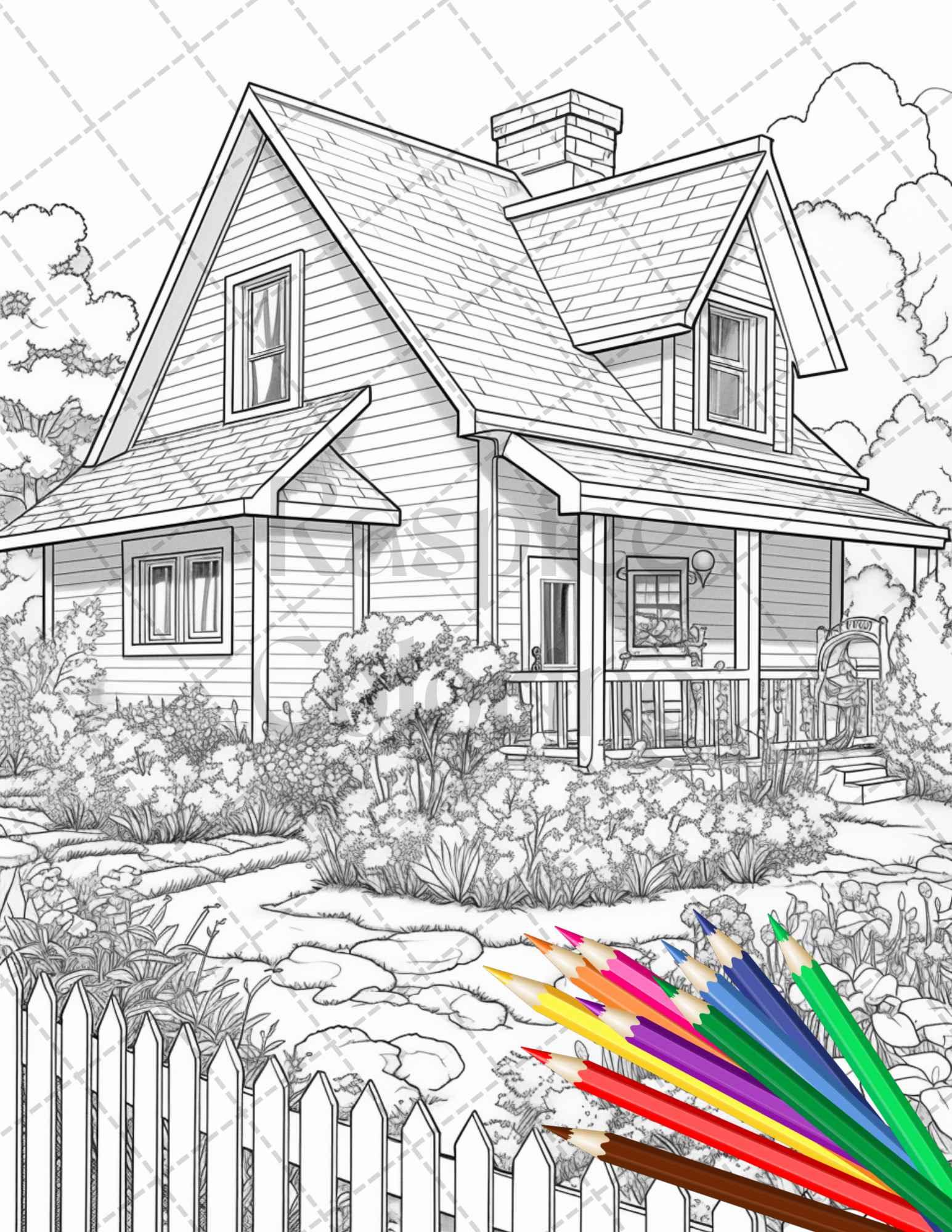 Charming Farmhouse Scenery Grayscale Coloring Pages Printable for Adults, PDF File Instant Download