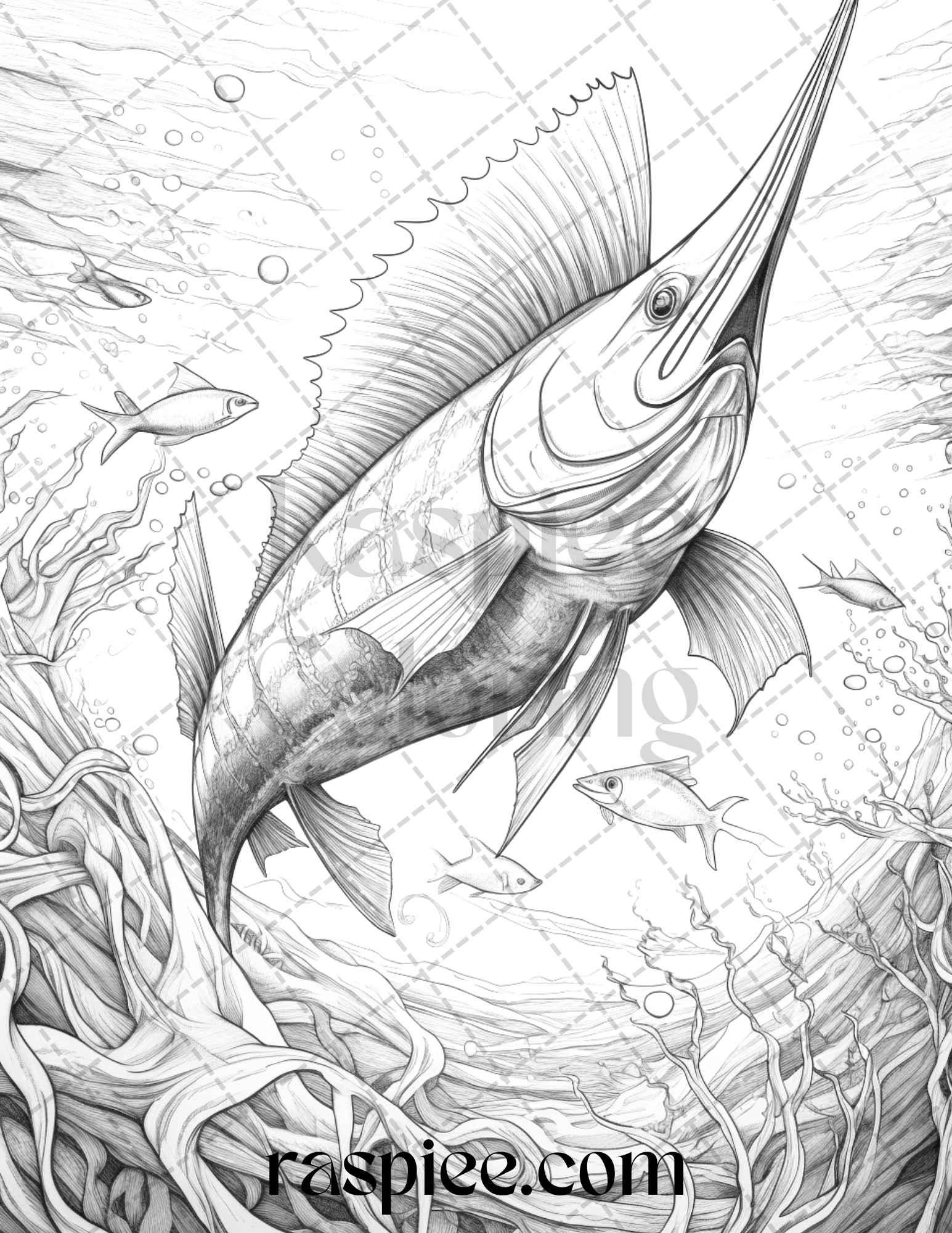 Ocean Life Grayscale Coloring Pages Printable for Adults Relaxation and Creativity, PDF File Instant Download