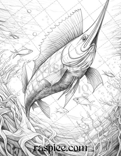 Ocean Life Grayscale Coloring Pages Printable for Adults Relaxation and Creativity, PDF File Instant Download
