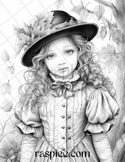 60 Victorian Autumn Portrait Grayscale Coloring Pages Printable for Adults, PDF File Instant Download