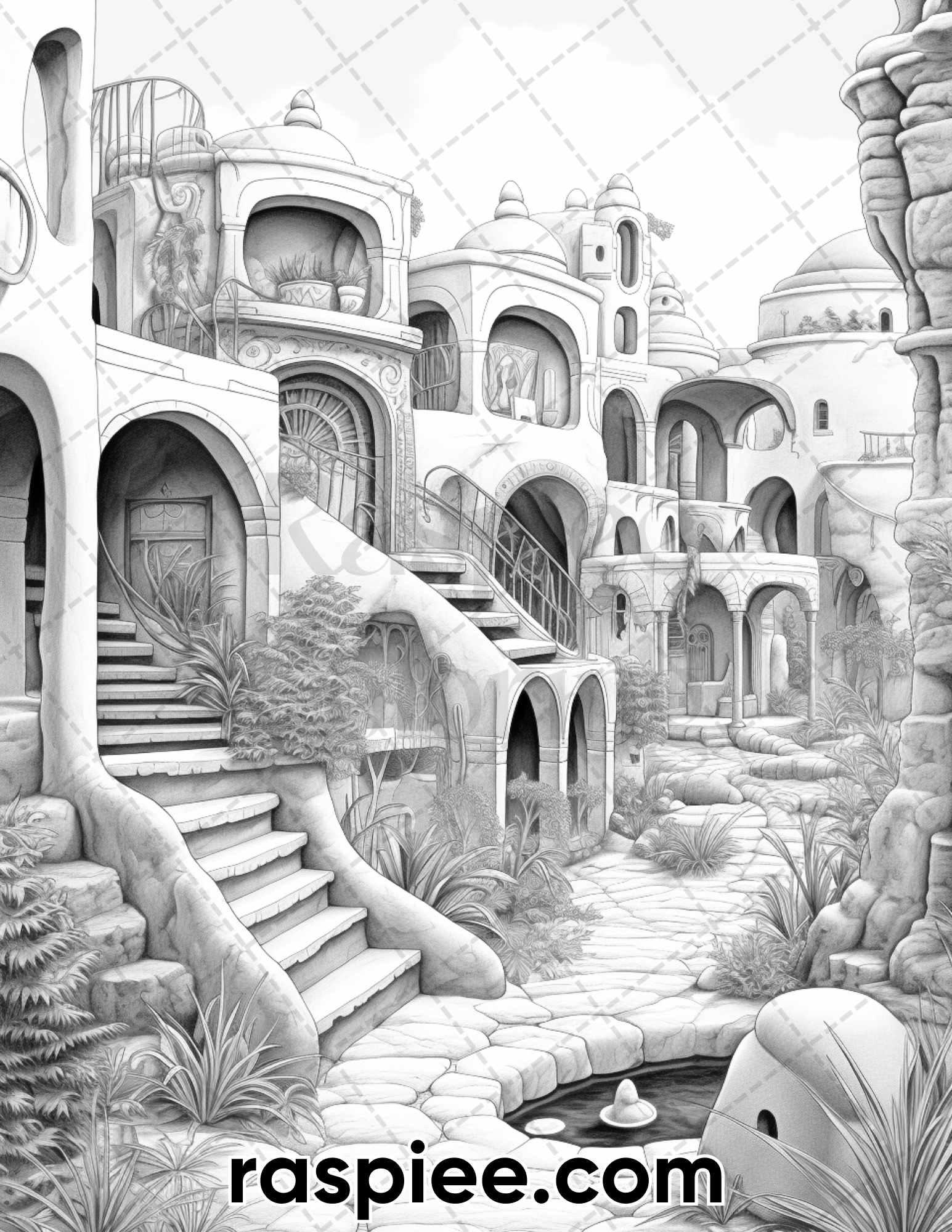 55 Desert Oasis Fairy Homes Grayscale Coloring Pages for Adults, Printable PDF Instant Download