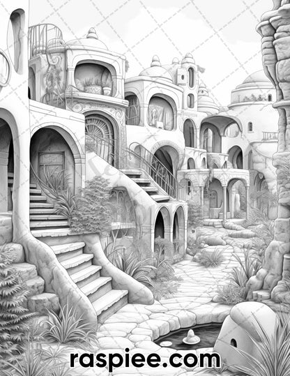 55 Desert Oasis Fairy Homes Grayscale Coloring Pages for Adults, Printable PDF Instant Download