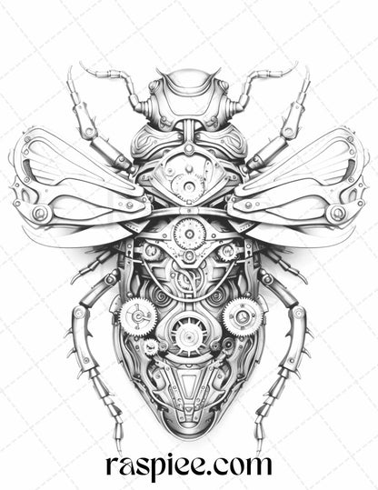 42 Steampunk Bugs Grayscale Coloring Pages Printable for Adults, PDF File Instant Download