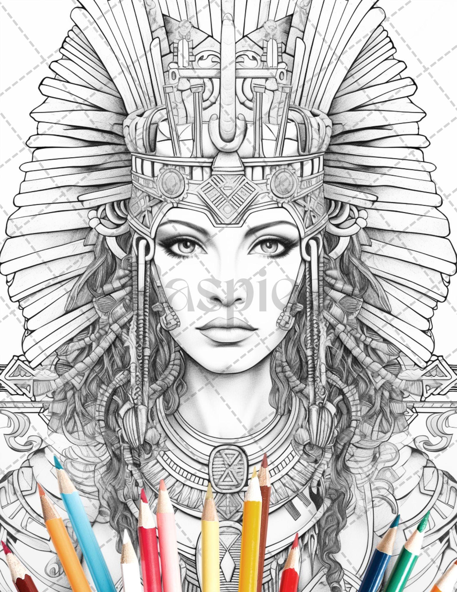 35 Ancient Egyptian Queens Coloring Book Printable for Adults, Grayscale Coloring Page, PDF File Instant Download