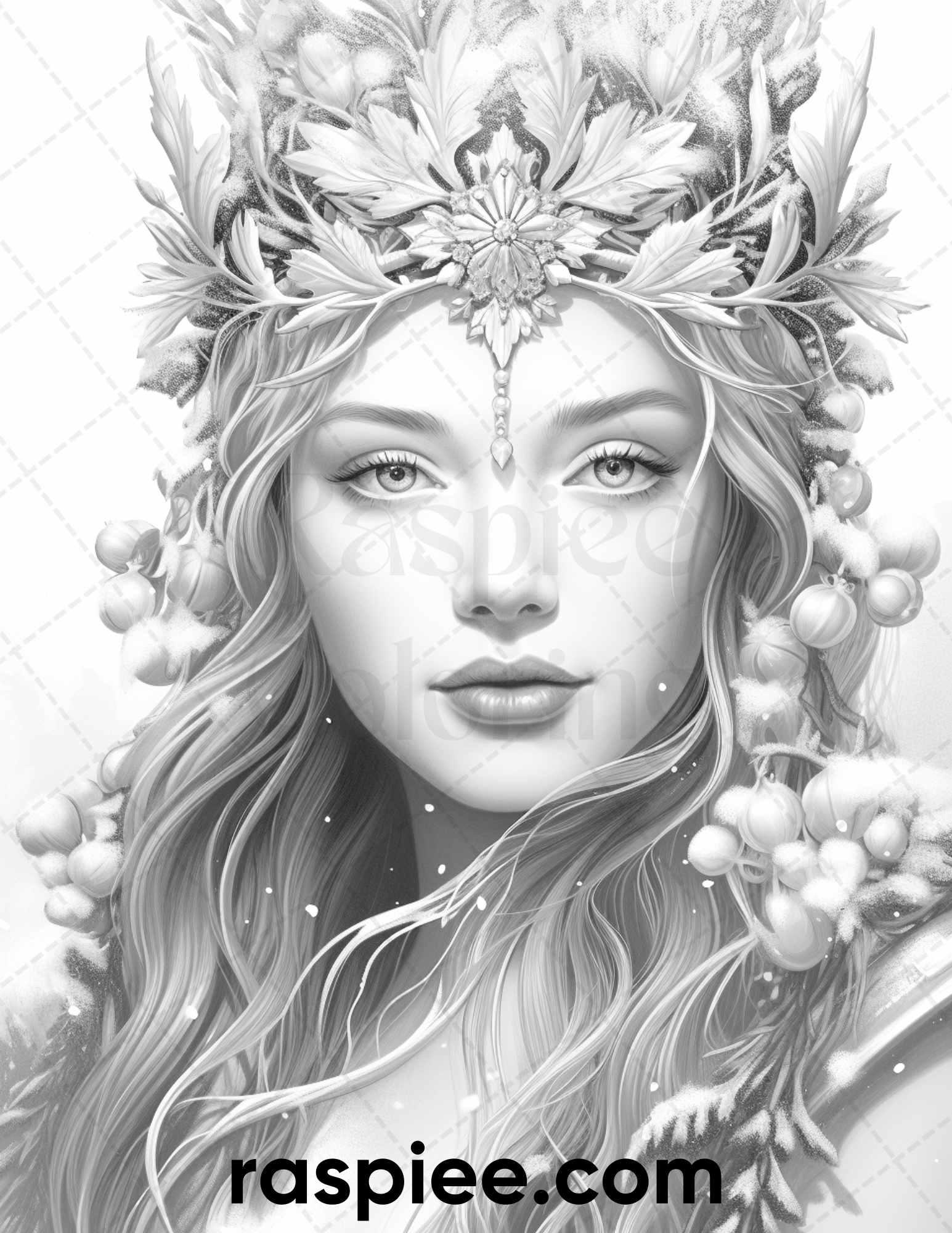 50 Winter Queens Portrait Grayscale Coloring Pages Printable for Adults, PDF File Instant Download