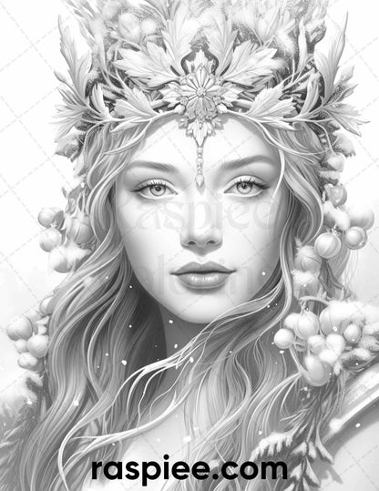 50 Winter Queens Portrait Grayscale Coloring Pages Printable for Adults, PDF File Instant Download